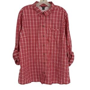 Eddie Bauer Women’s Nylon Camp Shirt Size 2X Red Plaid Roll Tab Button Up